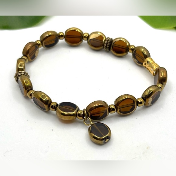 Stretch Bracelet,Natural Mookite Stone,gold Edge Electroplated topaz Glass Beads - Picture 6 of 7